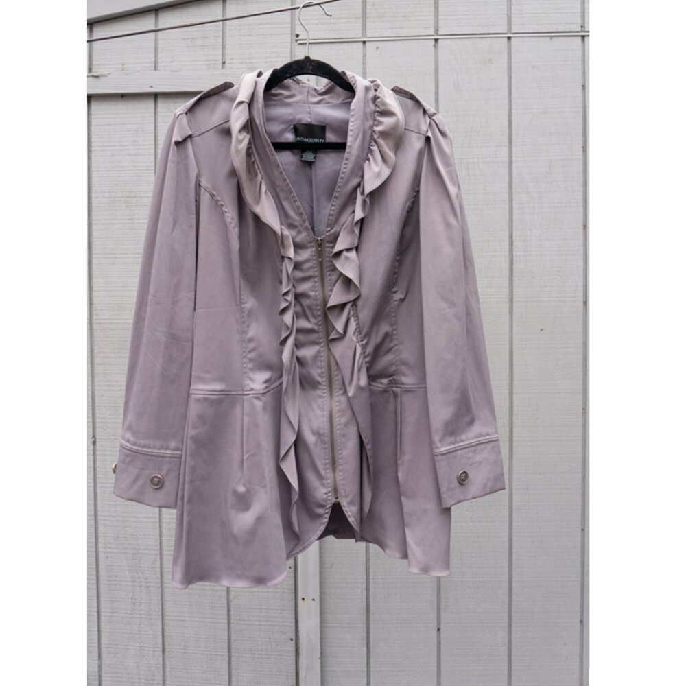 Vintage Y2K Cynthia Rowley Gray Ruffle Trench Coat L Jacket Glam
